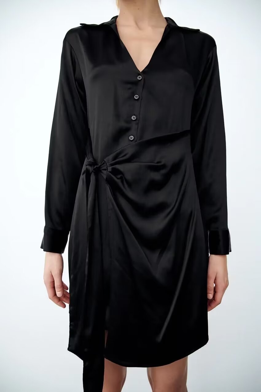 Satin Collared V-Neck Long Sleeve Button Front Tie Waist Shirt Dress