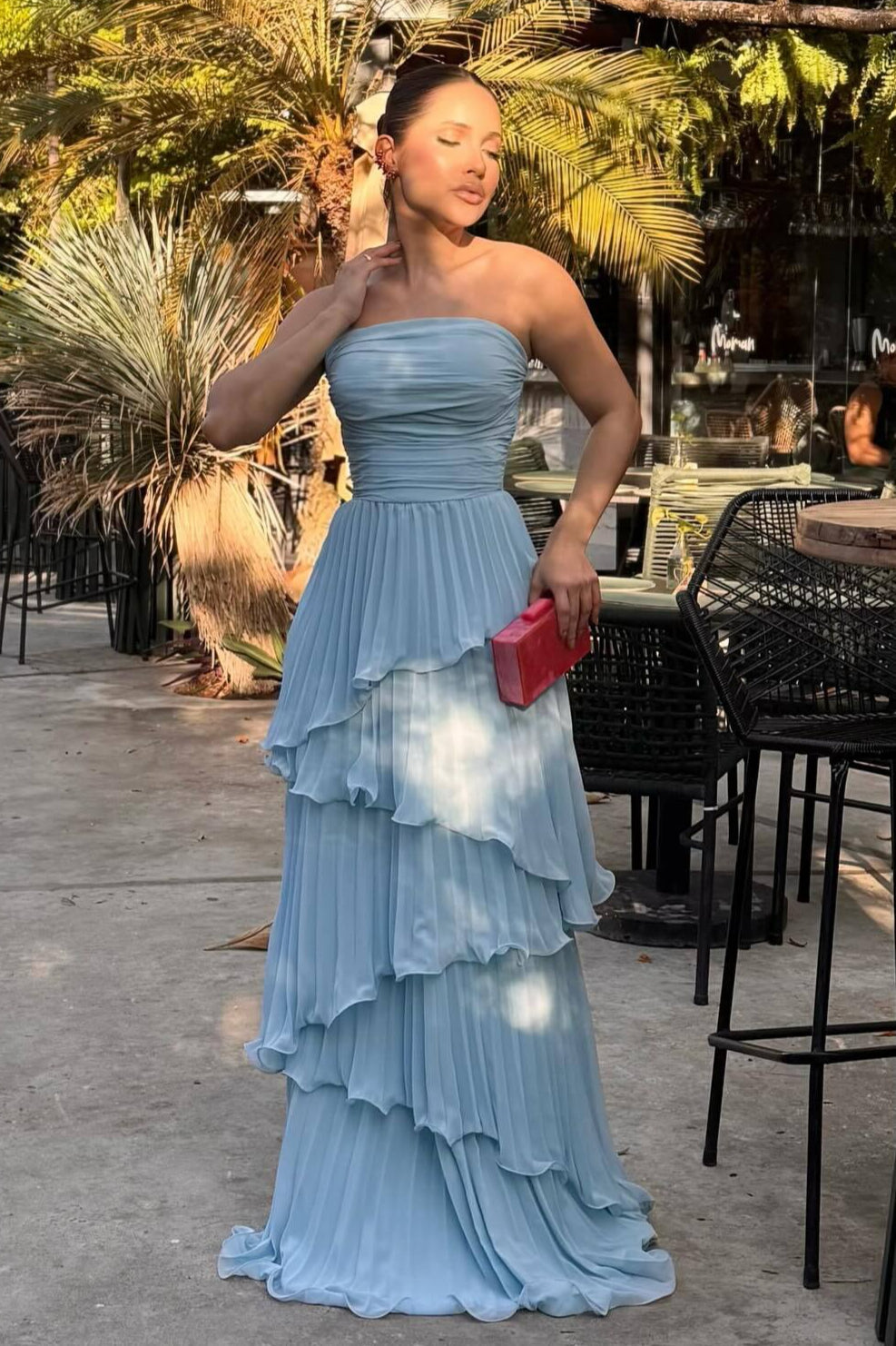 Strapless Ruched Tiered Pleated Chiffon Maxi Prom Dress