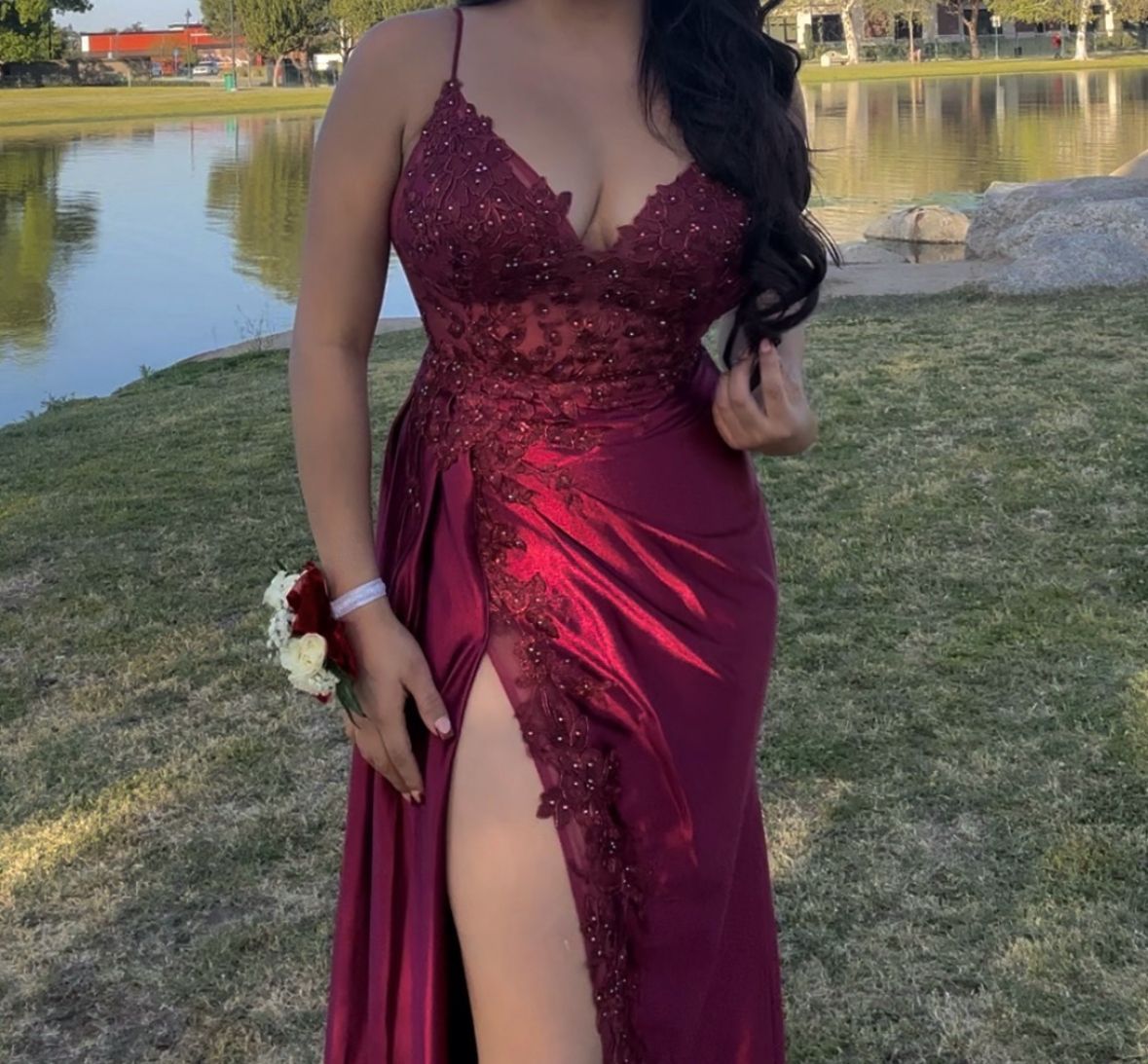 dark red prom dress with slit Evening Dresses