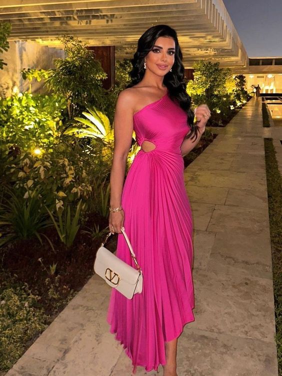 One Shoulder Pleated Asymmetric Cutout Evening Dress