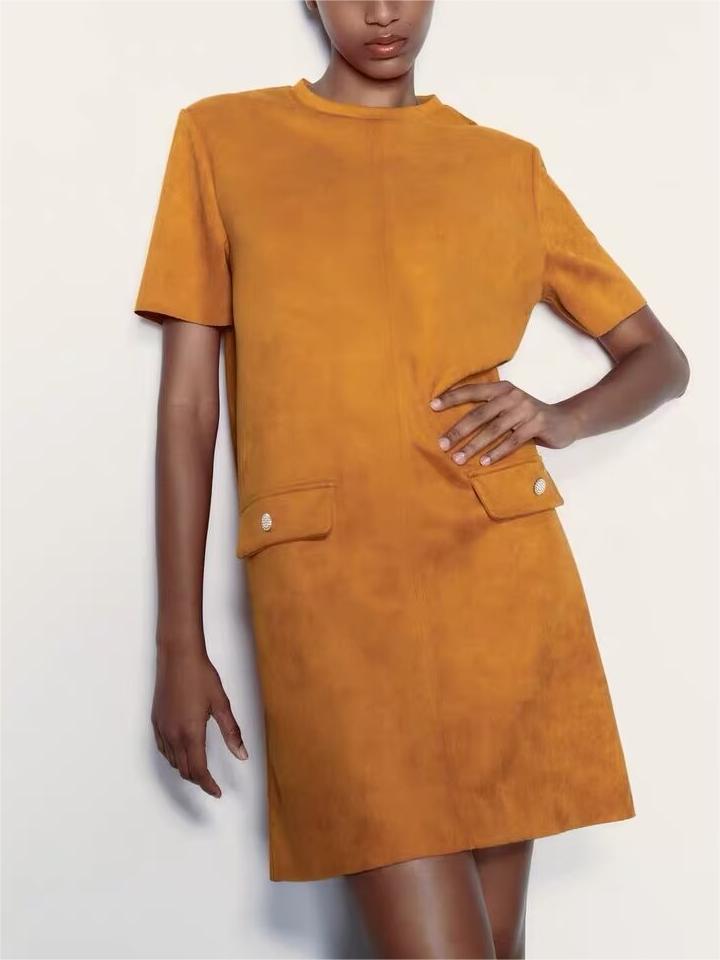 Suede-Look Crew Neck Short Sleeve Flap Pocket Shift Mini Dress