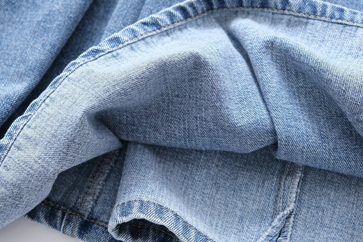 Women Clothing French Casual Pleated Washed Denim Dress Chic