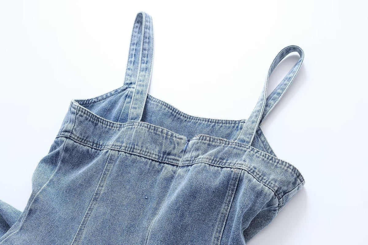 Women Clothing French Casual Pleated Washed Denim Dress Chic