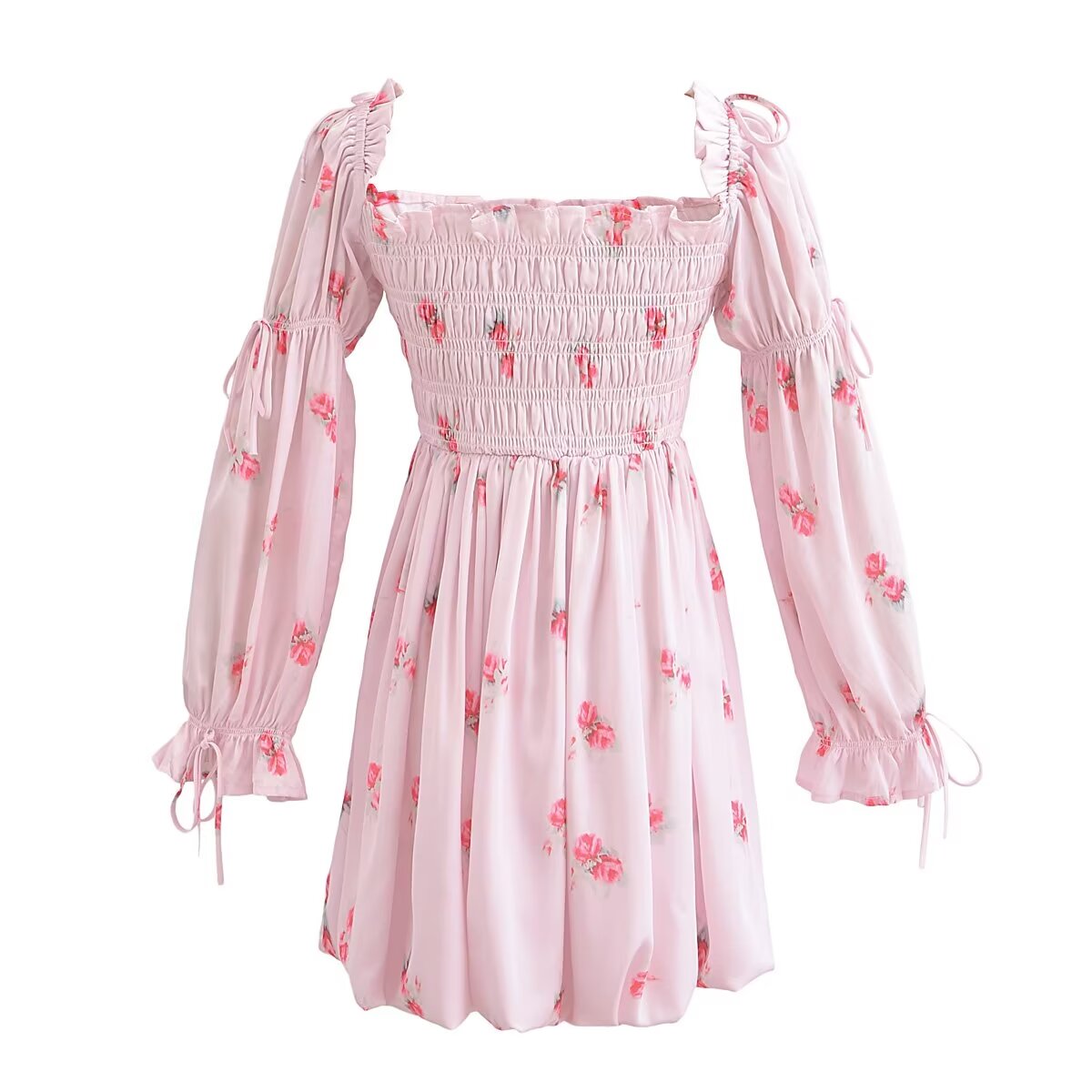Spring Casual Holiday Floral Print Puff Sleeve Bow Tie Elastic Princess Dress Puffy dress