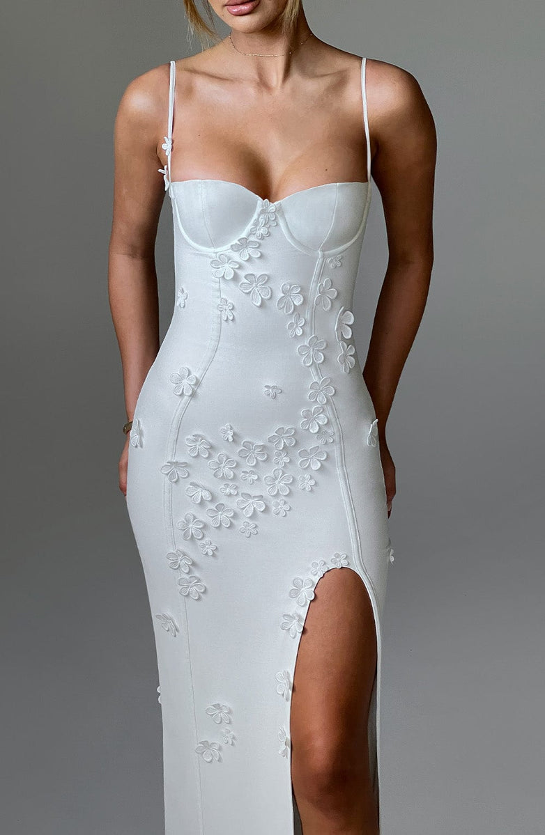 3D Floral Applique Bustier Spaghetti Strap High Split Maxi Dress 14