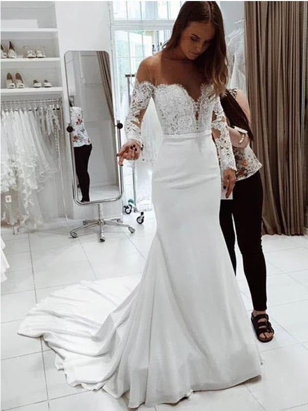 Off Shoulder Lace Long Sleeve Mermaid Wedding Gown with Train