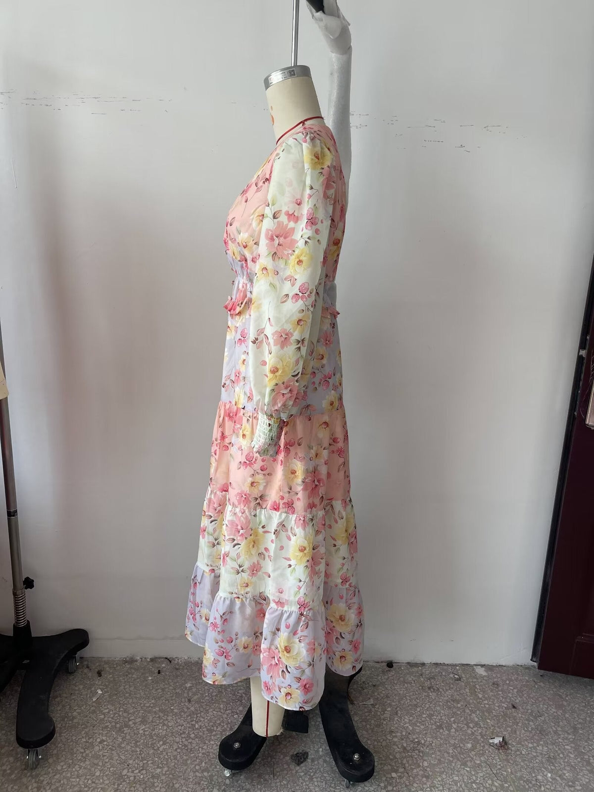 Fairy Dress Vacation V neck Lantern Sleeve Color Printing Stitching Dress Maxi Dres