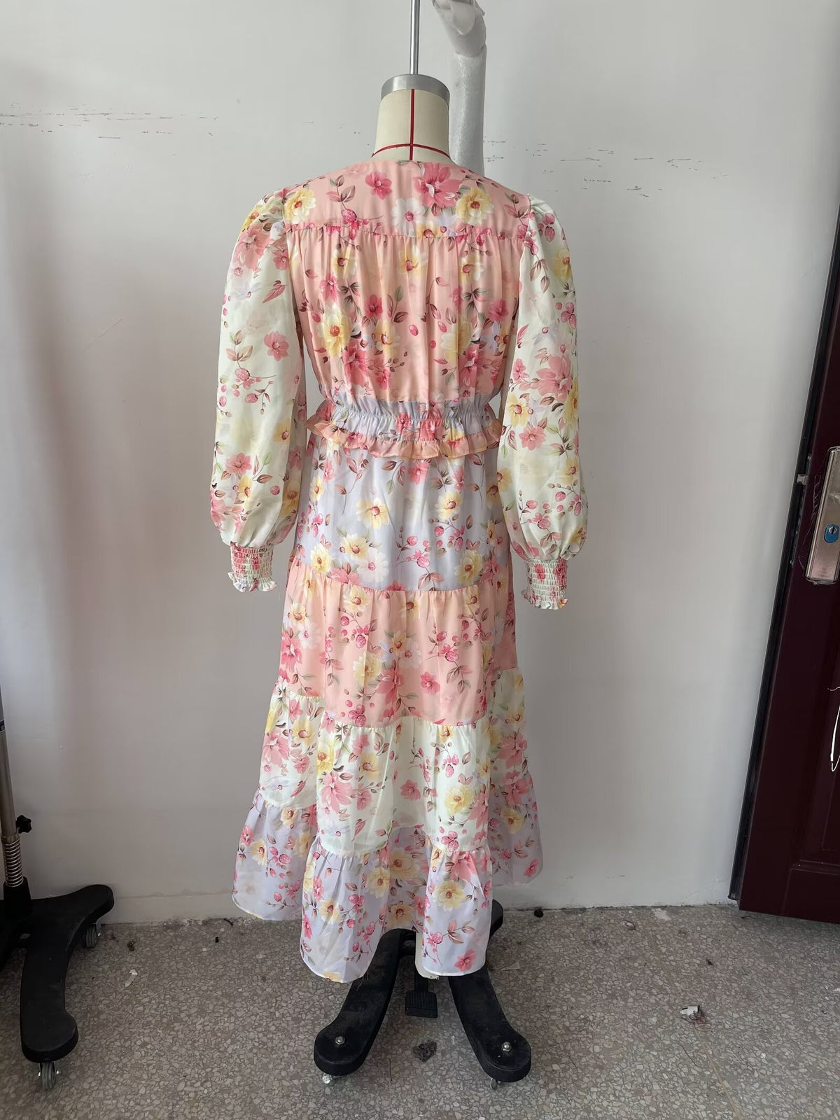 Fairy Dress Vacation V neck Lantern Sleeve Color Printing Stitching Dress Maxi Dres