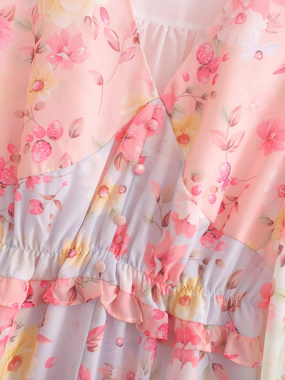 Fairy Dress Vacation V neck Lantern Sleeve Color Printing Stitching Dress Maxi Dres