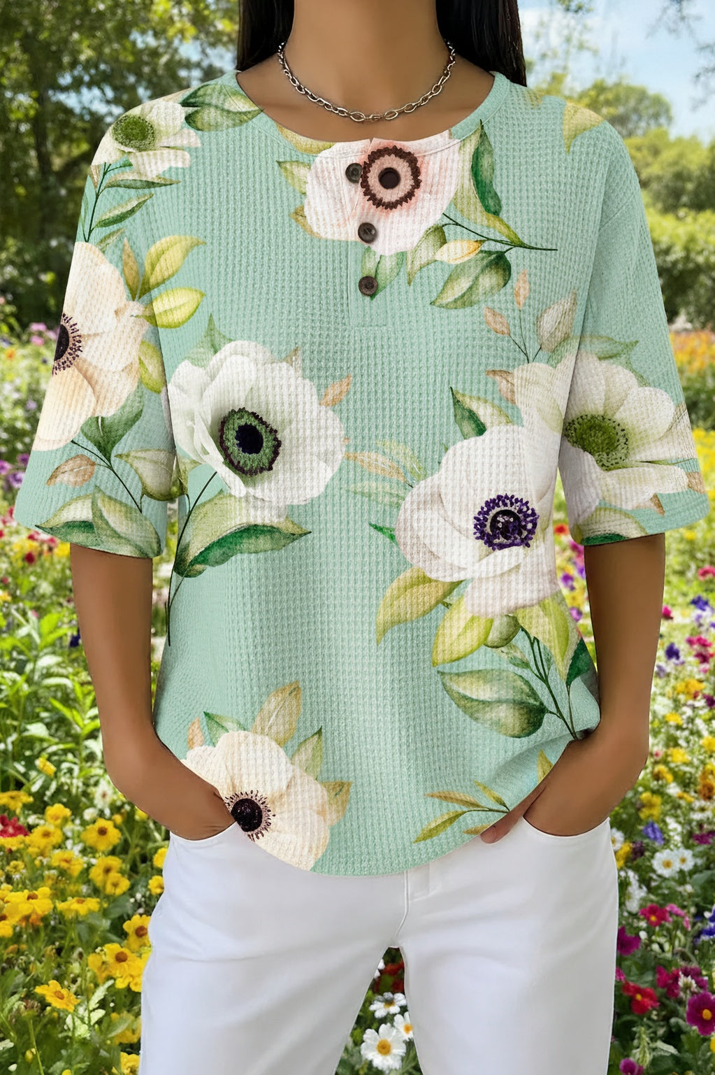Womens Light Green Floral Print Casual Shirt