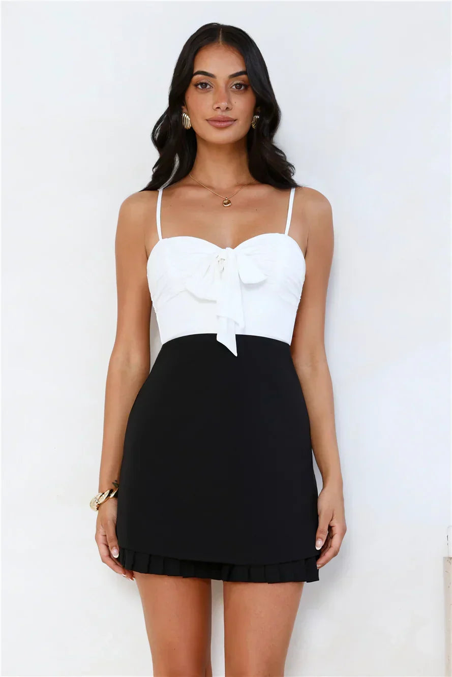 Ruched Bust Bow Front Spaghetti Strap Pleated Hem A-Line Mini Dress 14