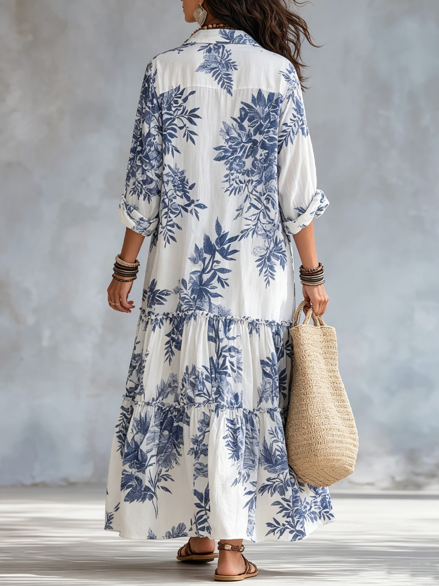 Floral Print Collared Button Front Tiered Maxi Shirt Dress