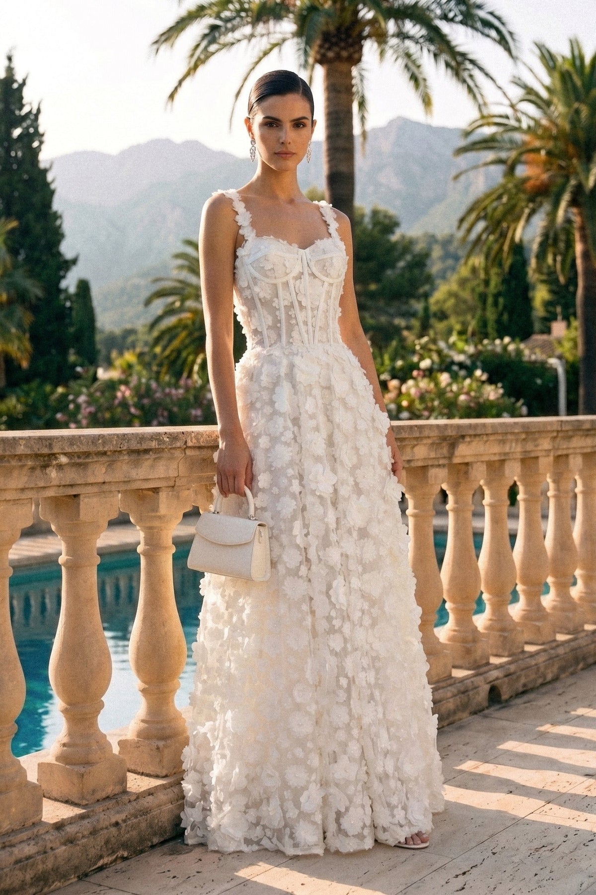 Floral Applique Sweetheart Neck Corset Bodice A-Line Maxi Dress