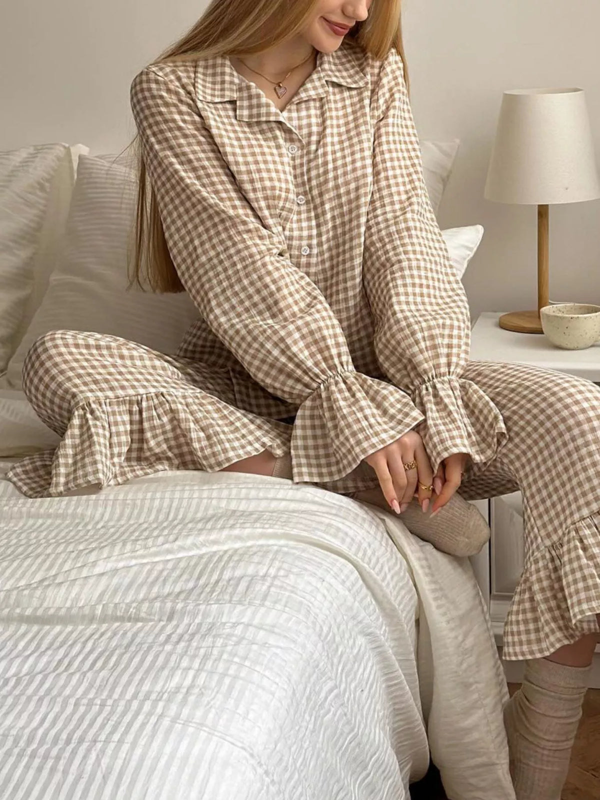 Gingham Ruffle Cuff Button Up Shirt and Ruffle Hem Pants Pajama Two Piece Set