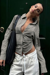 Retro Checkered Belted Blouse