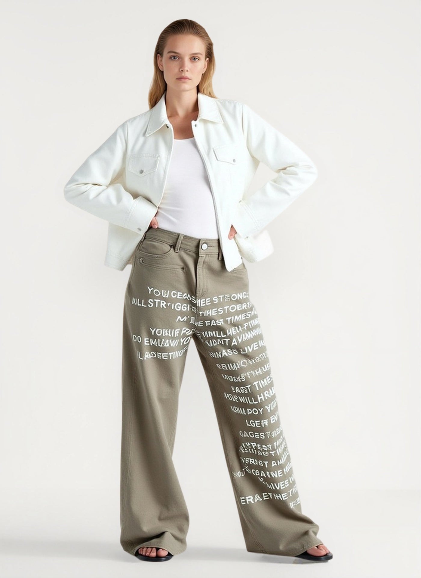 Vintage Washed Letter Print Wide Leg Slim Floor Length Jeans