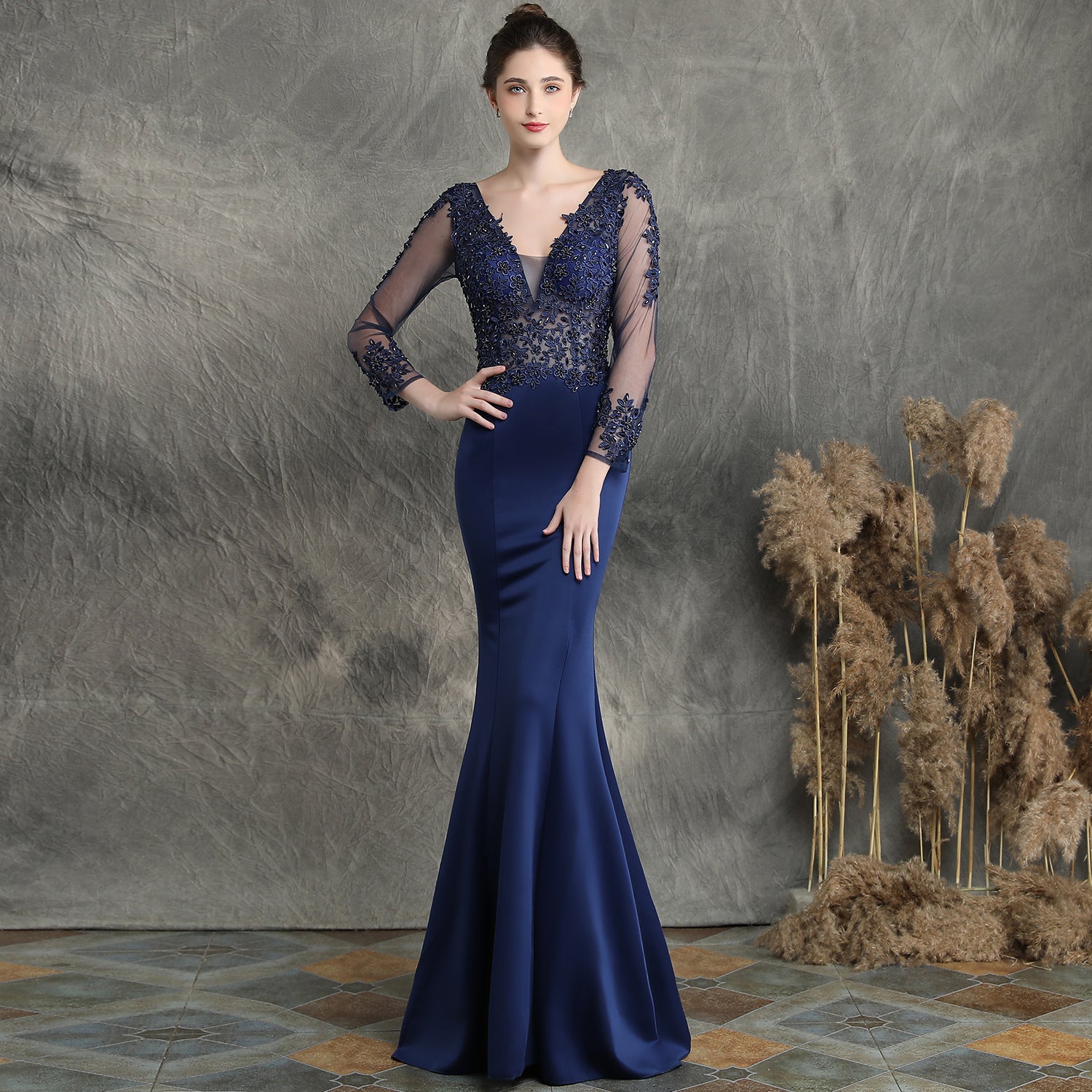 Handmade Applique Beaded Toast Dress Bride Long Long Sleeve Appreciation Dinner Fishtail Wedding Evening Dress Formal Gown