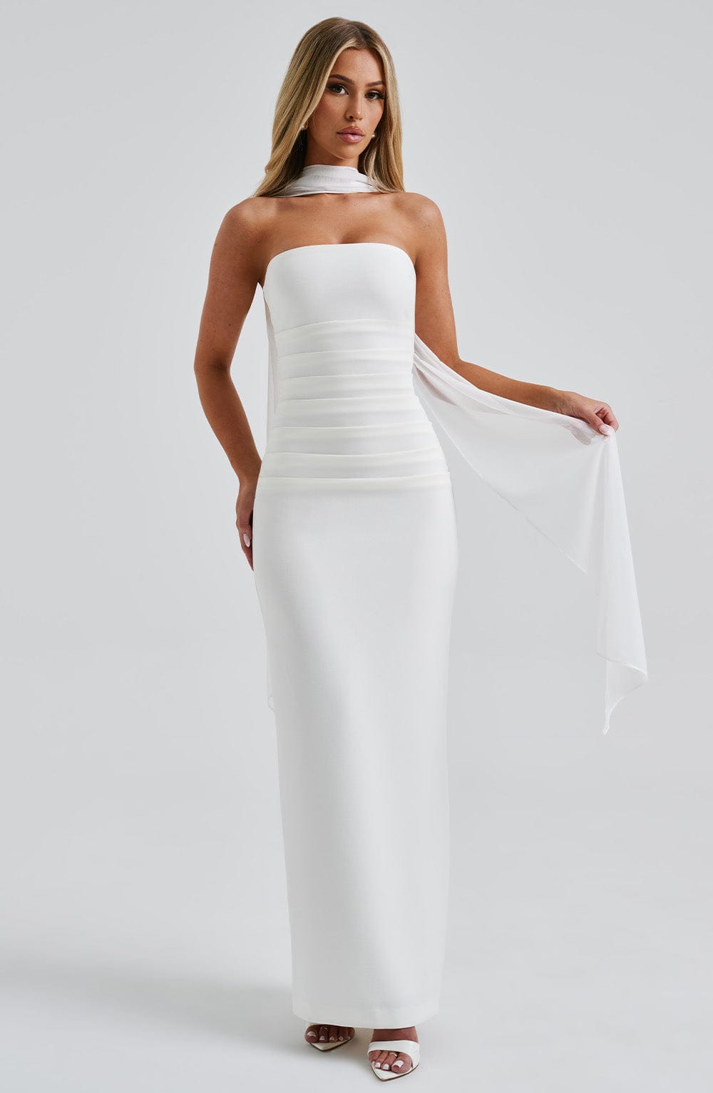Strapless Ruched Bodycon Maxi Dress with Neck Scarf and Mesh Gloves 24