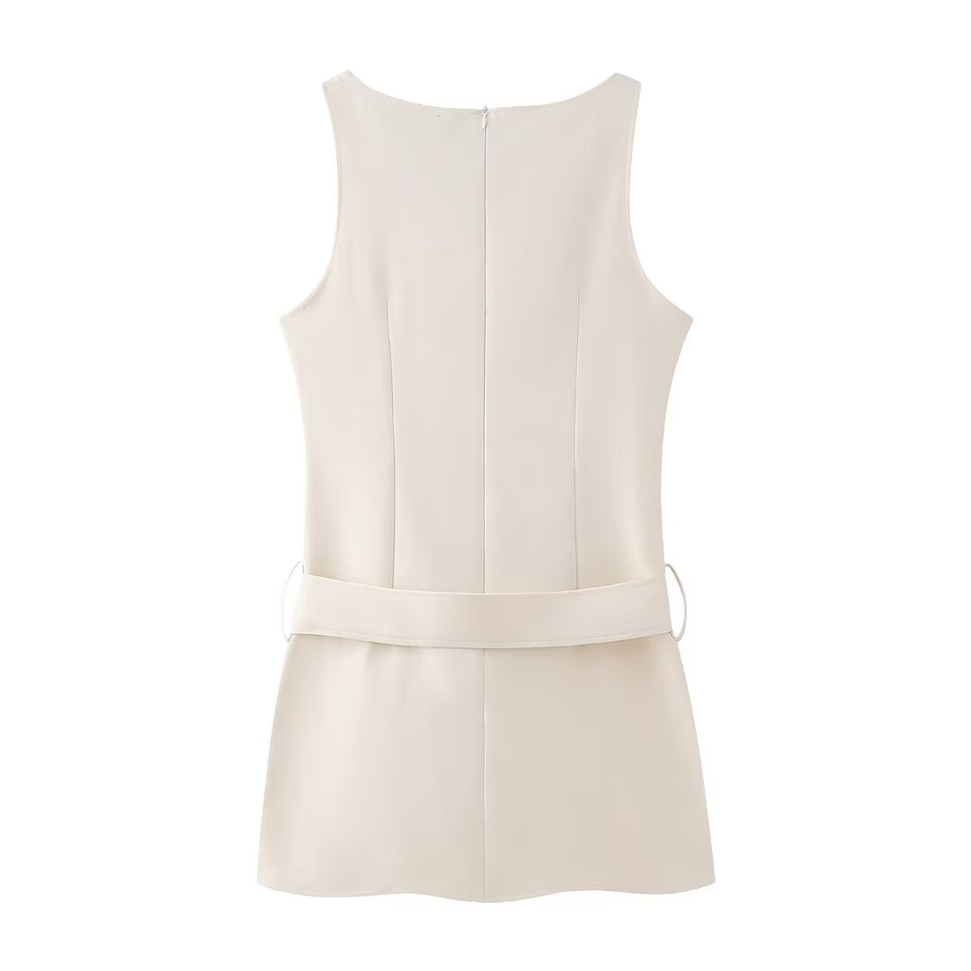 Boat Neck Sleeveless Belted Drop Waist Mini Dress with Pockets 2
