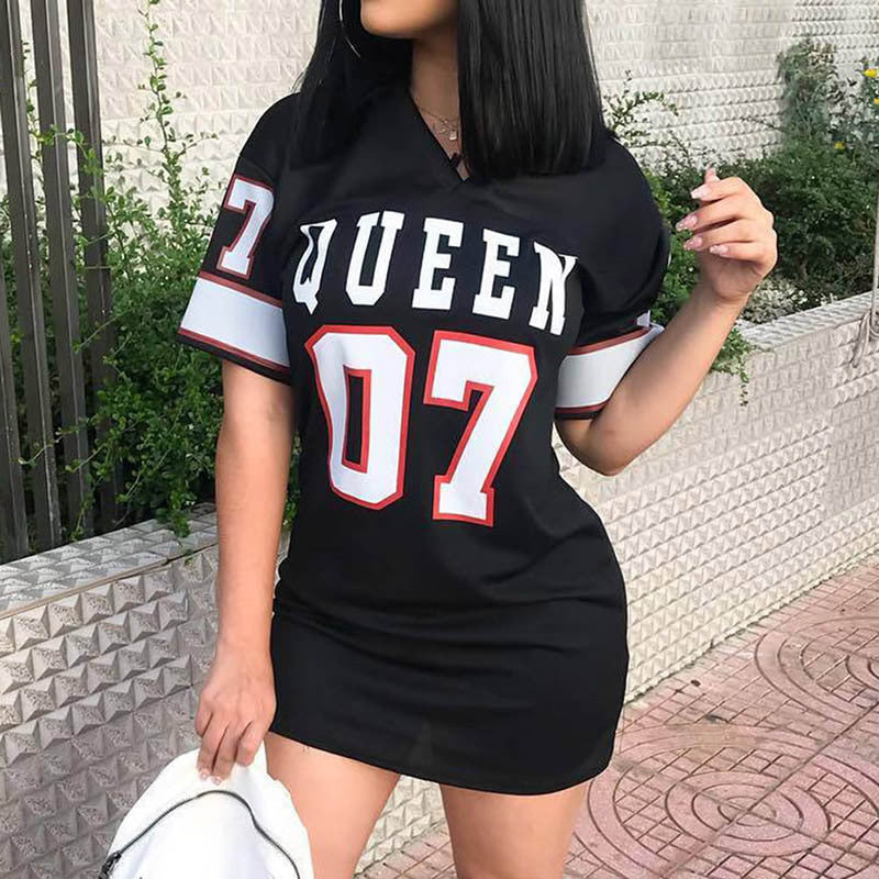 Varsity Letter Number Print V-Neck Short Sleeve Jersey T Shirt Dress