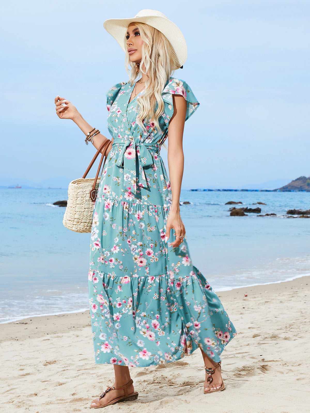 Women Printed Floral Waist Strap V Neck Short Sleeved Dress Bohemian Holiday Beach dress