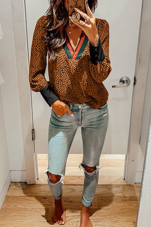 Leopard Patcwork V Necl Cuff Blouse