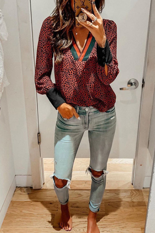 Leopard Patcwork V Necl Cuff Blouse