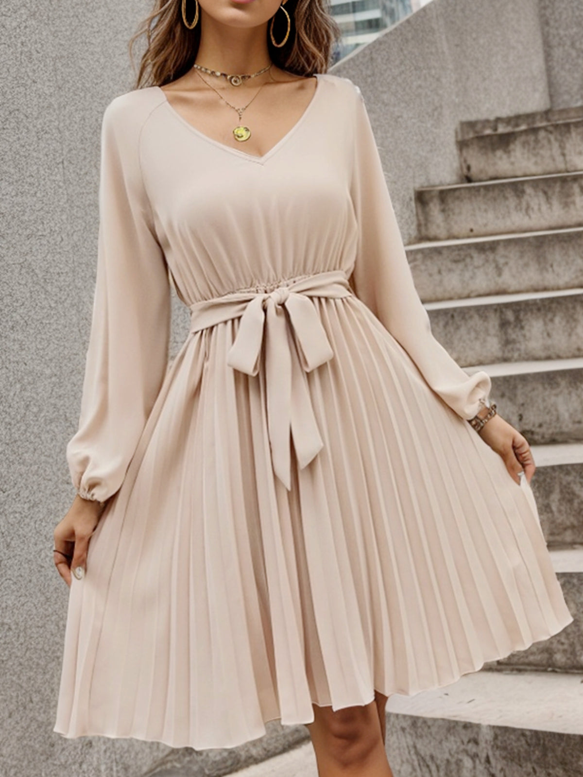 Women Spring And Autumn Long Sleeve Solid Color V Neck Dress