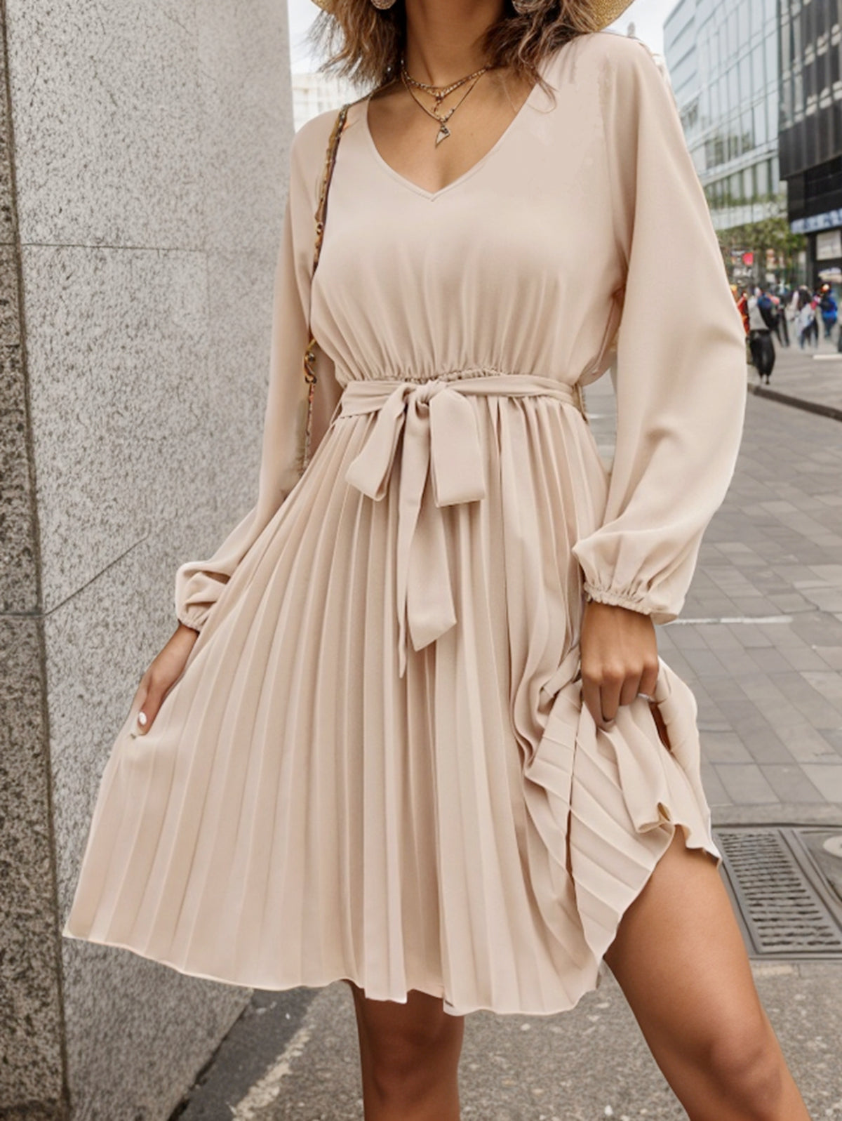 Women Spring And Autumn Long Sleeve Solid Color V Neck Dress
