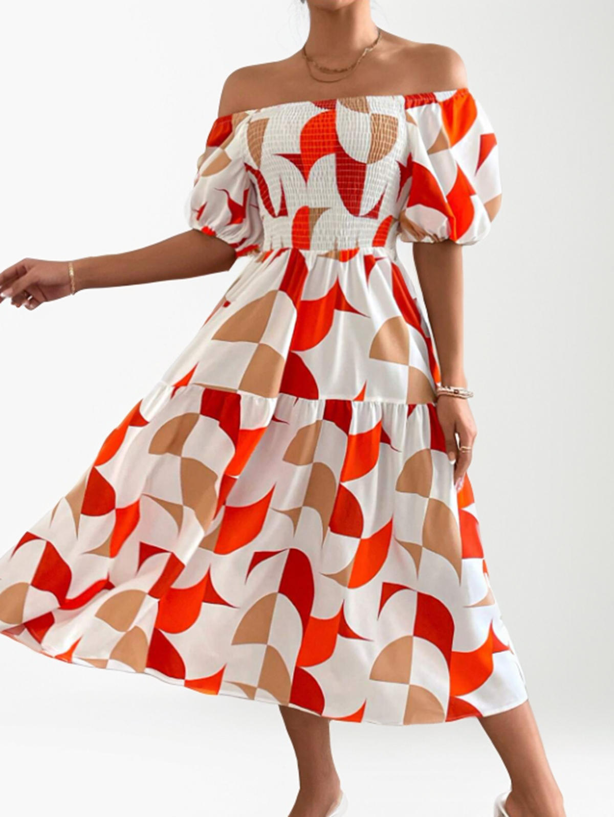 Women Summer Short Sleeve Off Shoulder Geometric Midi Dress