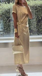 Metallic Short Sleeve Knot Front Slit Maxi Dress