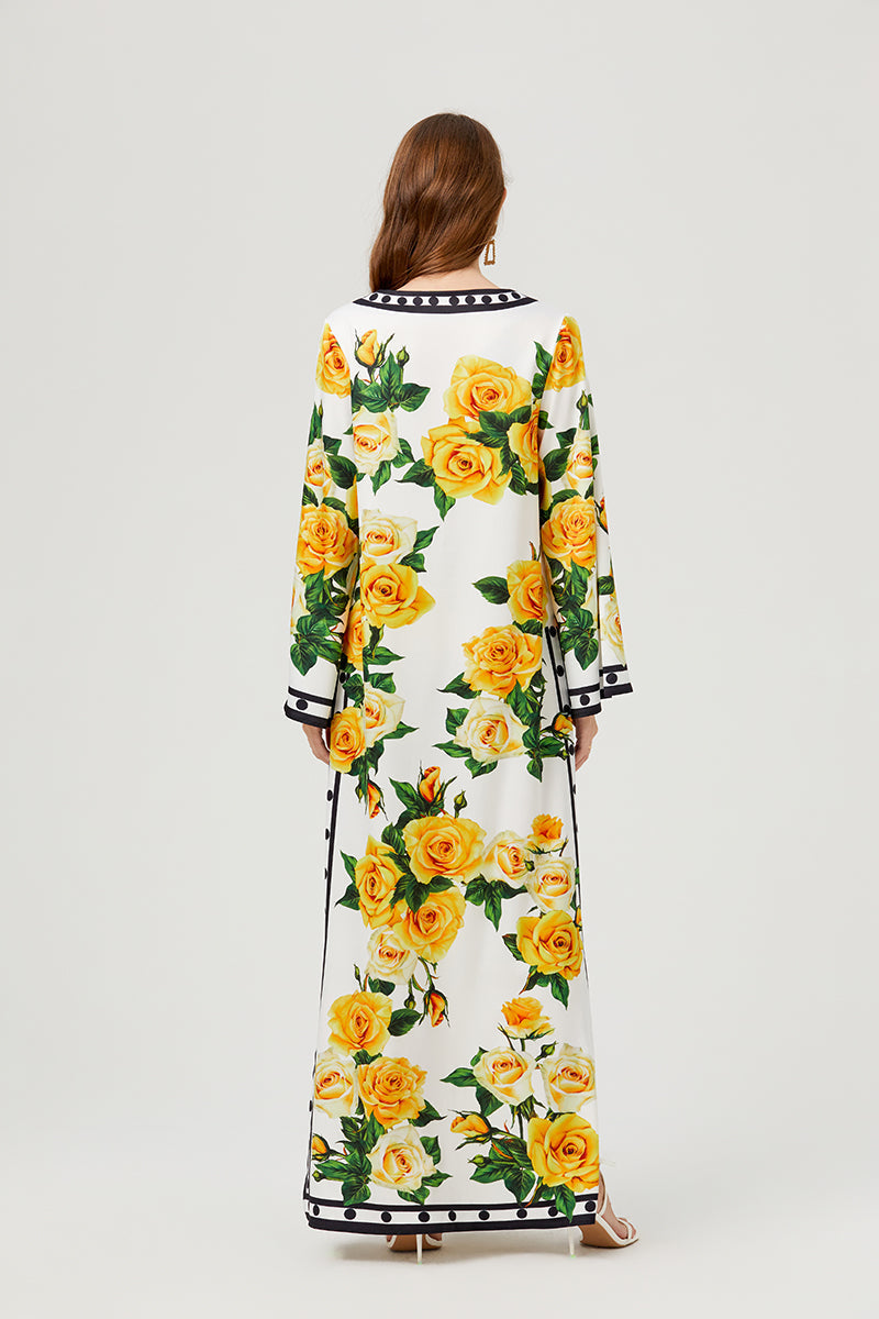 Fall Button Floral Chic A Line Maxi Dress
