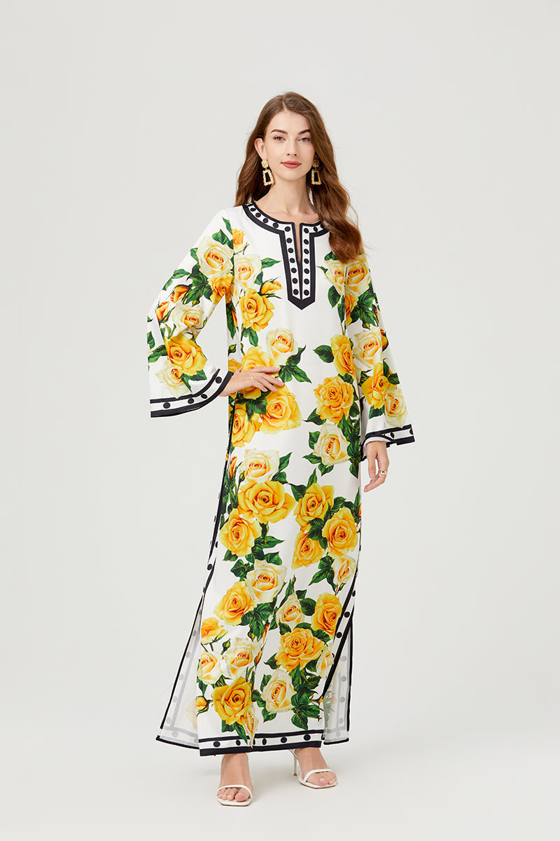 Fall Button Floral Chic A Line Maxi Dress