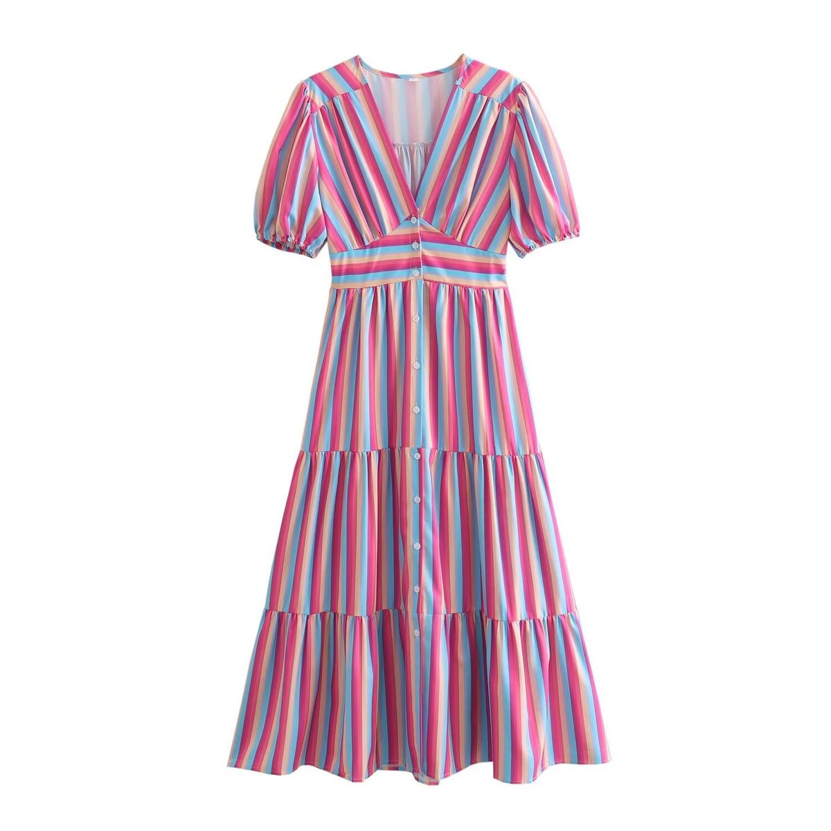 Spring Women Clothing V Neck Short Sleeve High Waist Striped Dress Women