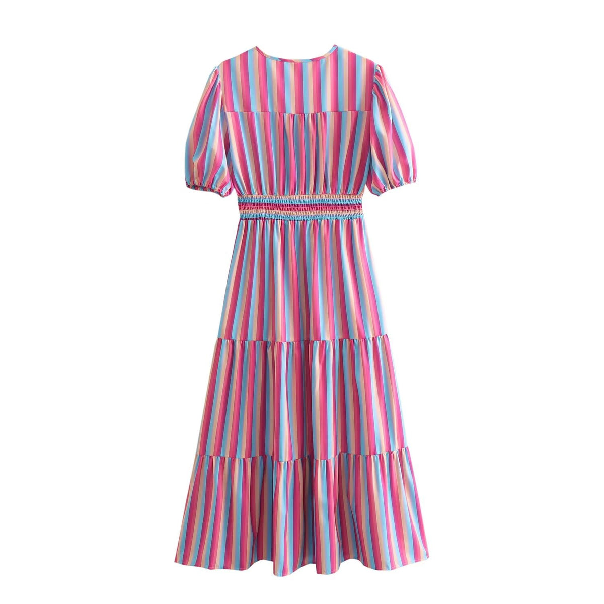 Spring Women Clothing V Neck Short Sleeve High Waist Striped Dress Women