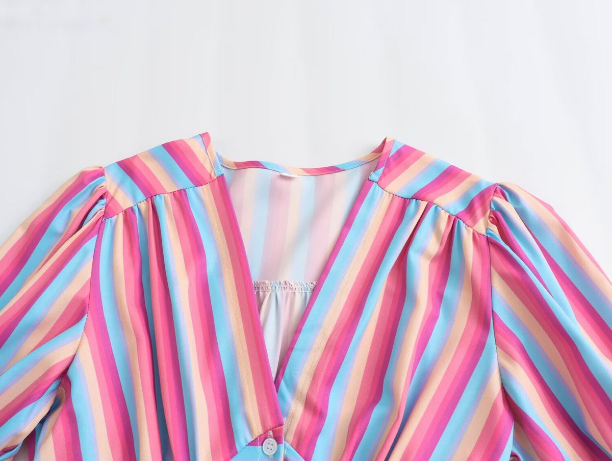 Spring Women Clothing V Neck Short Sleeve High Waist Striped Dress Women