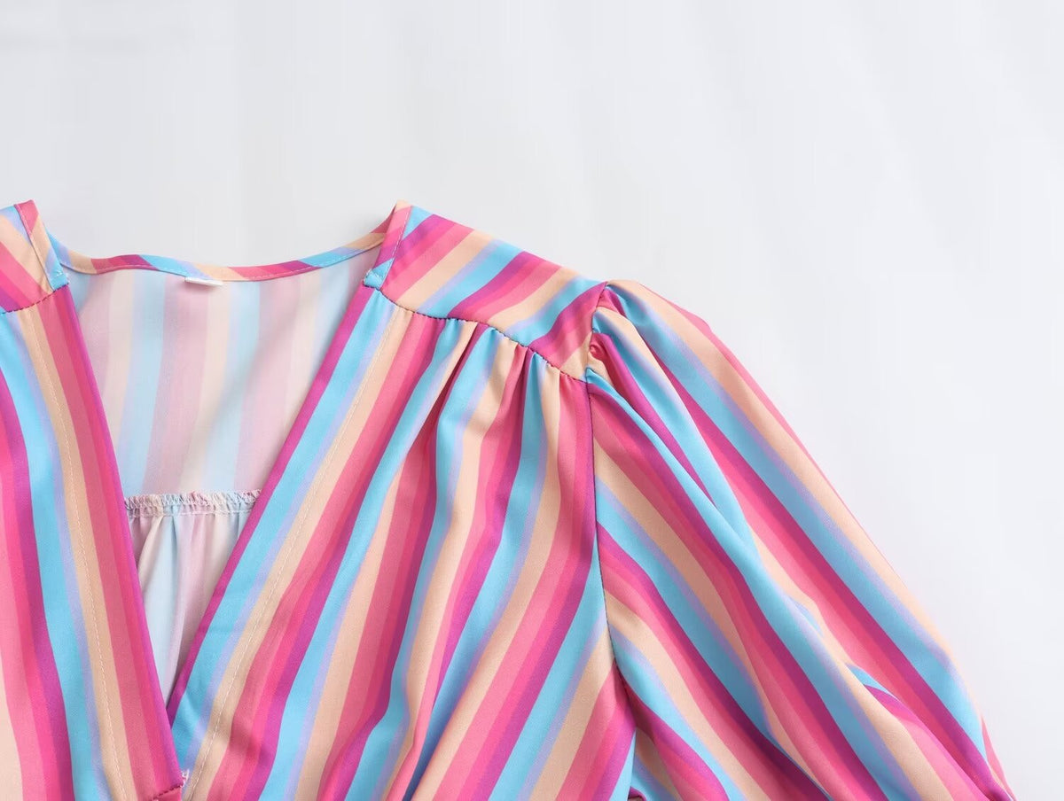 Spring Women Clothing V Neck Short Sleeve High Waist Striped Dress Women
