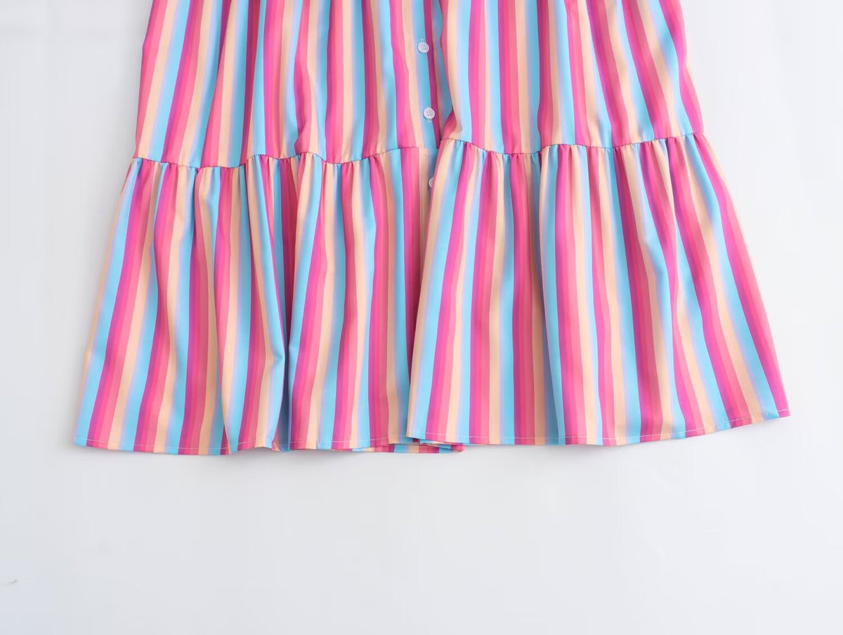 Spring Women Clothing V Neck Short Sleeve High Waist Striped Dress Women