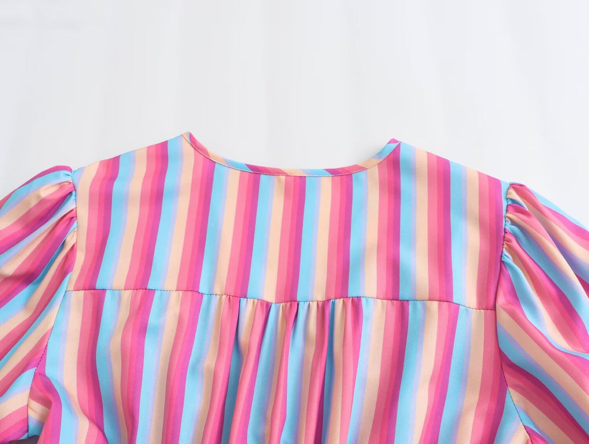 Spring Women Clothing V Neck Short Sleeve High Waist Striped Dress Women