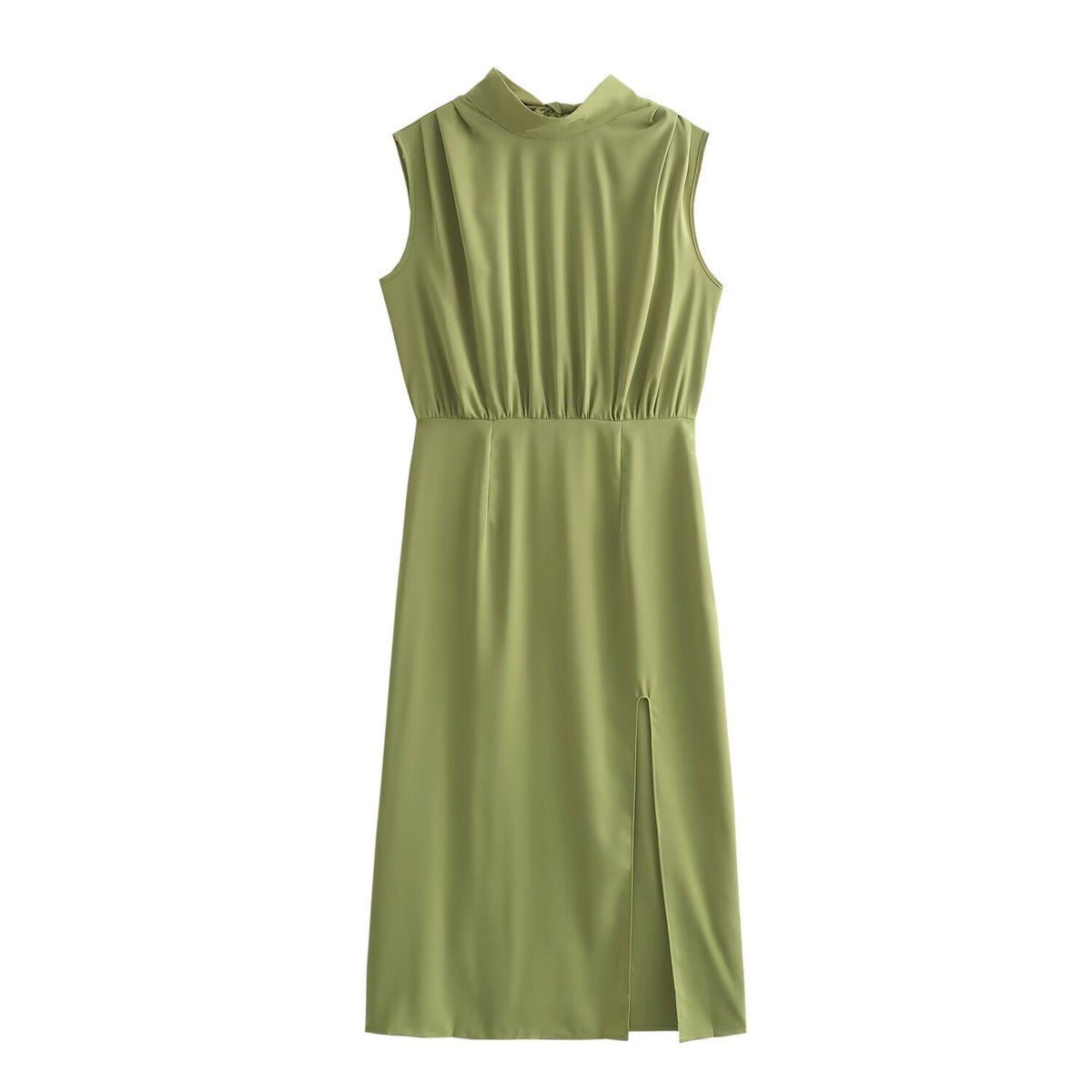 Mock Neck Sleeveless Pleated Shoulder High Split Midi Dress 2