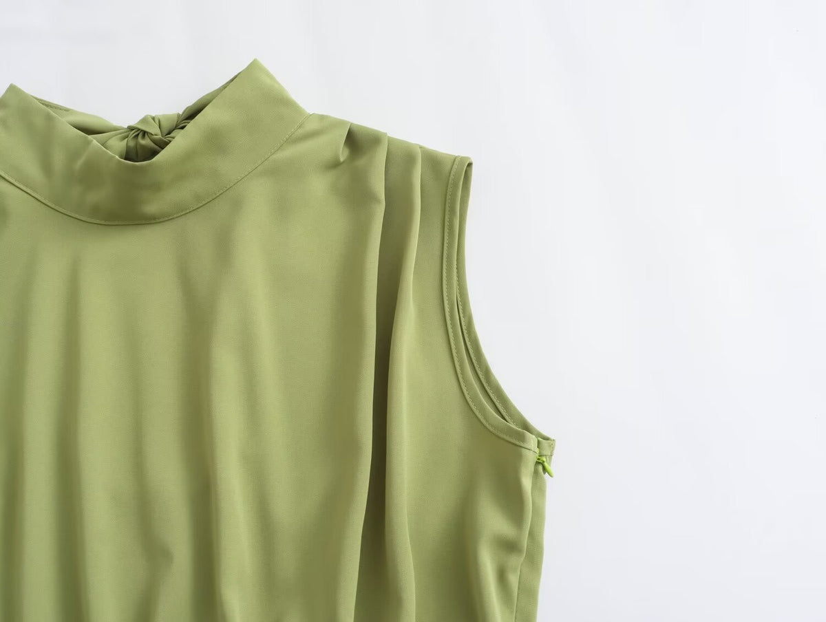 Mock Neck Sleeveless Pleated Shoulder High Split Midi Dress 5