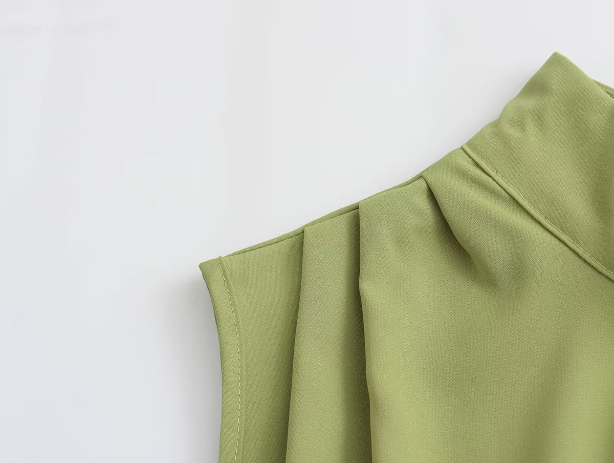 Mock Neck Sleeveless Pleated Shoulder High Split Midi Dress 6