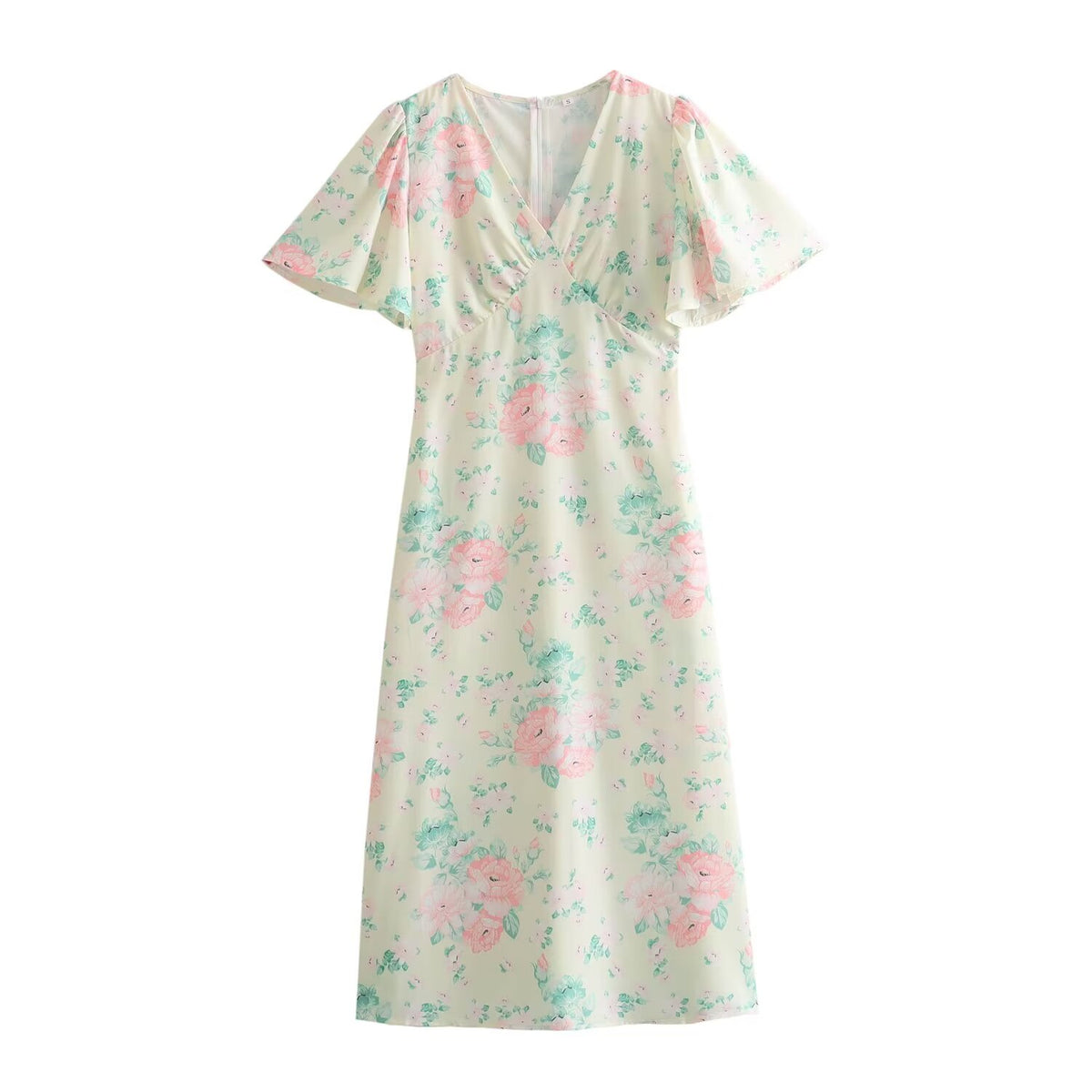 Floral Print V-Neck Flutter Sleeve Empire Waist Midi Dress
