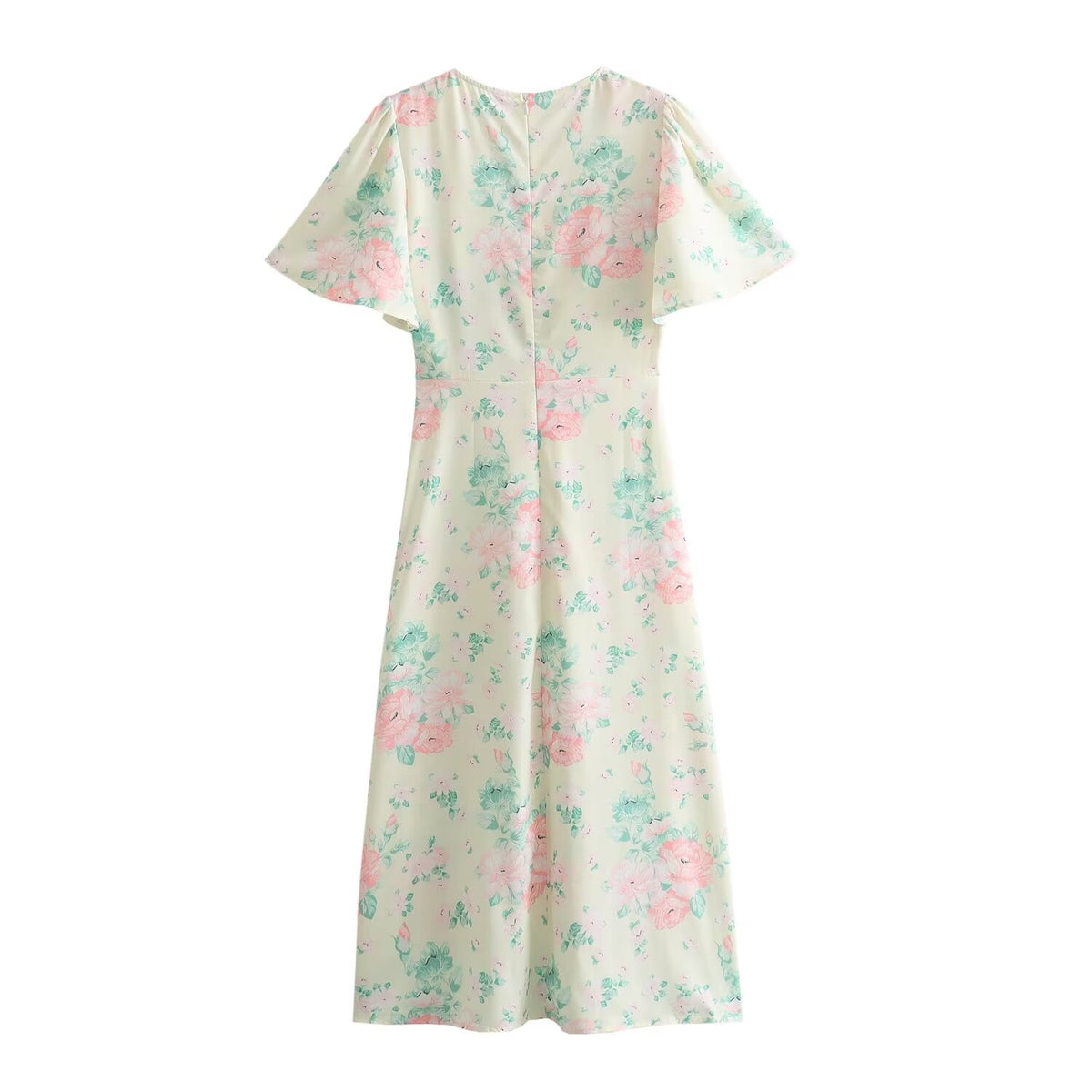 Floral Print V-Neck Flutter Sleeve Empire Waist Midi Dress 2