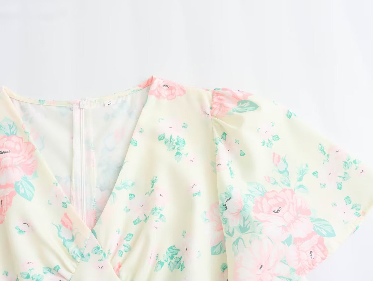 Floral Print V-Neck Flutter Sleeve Empire Waist Midi Dress 4