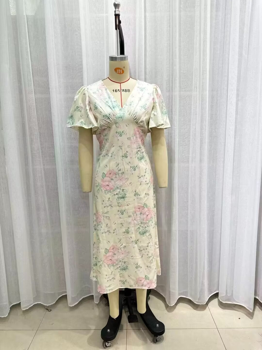 Floral Print V-Neck Flutter Sleeve Empire Waist Midi Dress 14