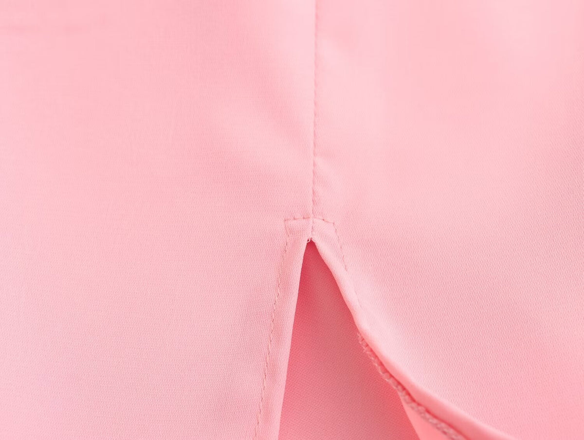 Spring Women Clothing Simple Square Collar Back Elastic Pink Dress