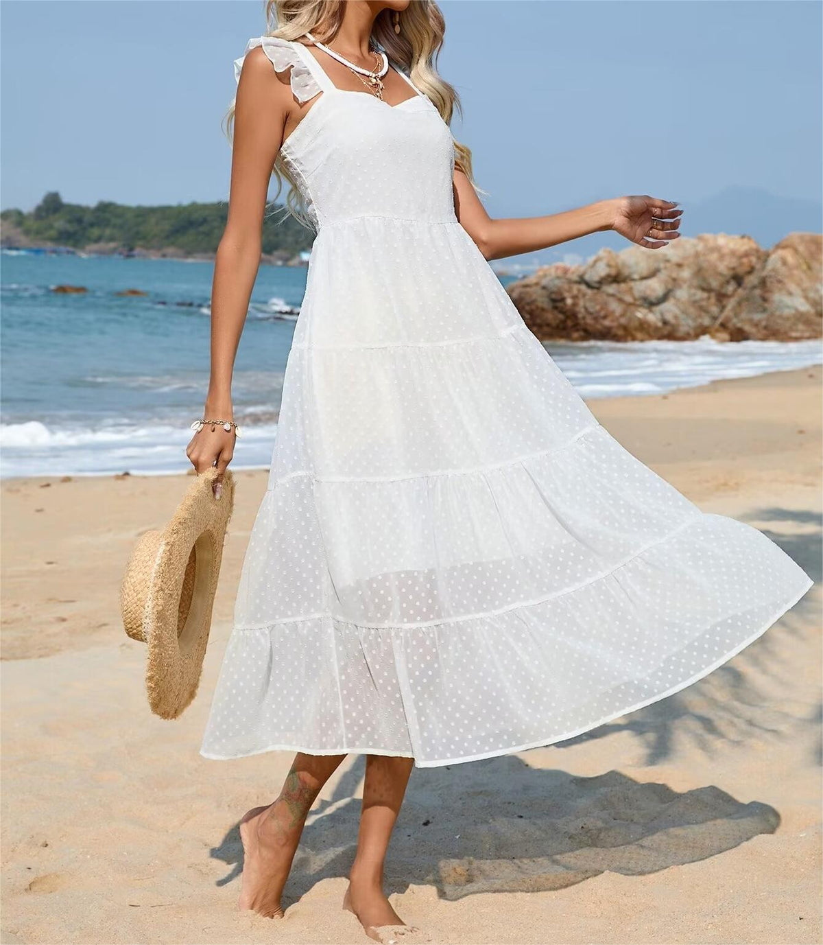 Swiss Dot Ruffle Strap Sweetheart Neck Tiered Midi Dress