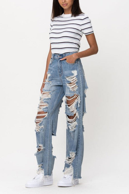 Denim Hole Distressed Wide Leg Tassel Jeans