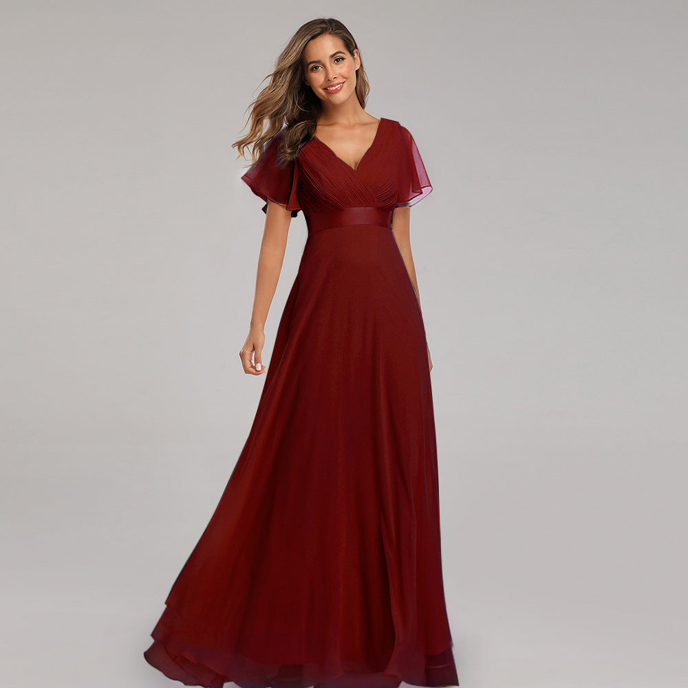 Hand - Folded Large V - neck Dress Chiffon Elastic Banquet Bridesmaid Evening Dress for